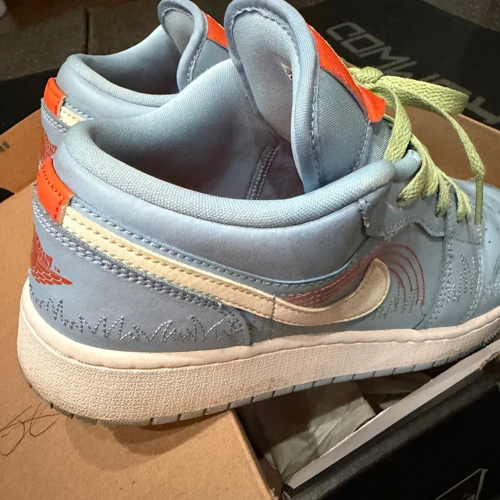 Nike Air Jordan woman's ' Light Blue Low-Top Sneakers with Lime Laces